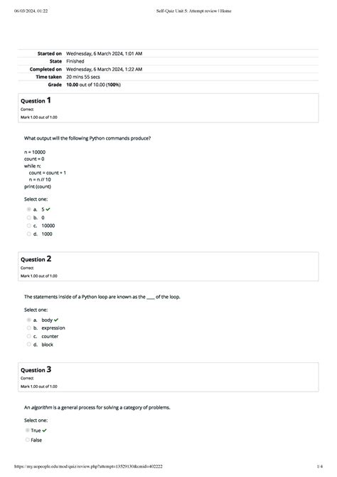 Self Quiz Unit 5 Attempt Review Home Started On Wednesday 6 March