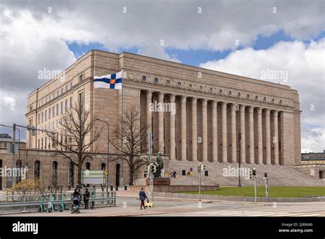 Finnish Parliament building with famous red granite colonnade Stock Photo - Alamy