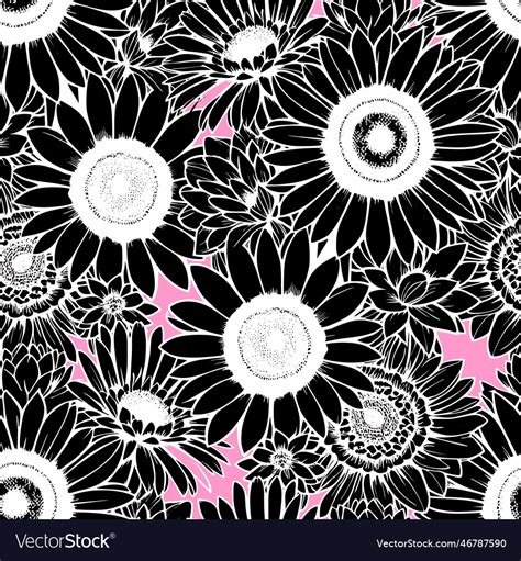 Seamless Black And White Floral Pattern On A Pink Vector Image