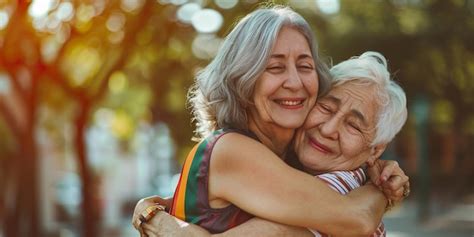 Portrait Of Mature Lesbian Women Hugs On The Street Illuminated By The Sun LGBT Elderly Couple
