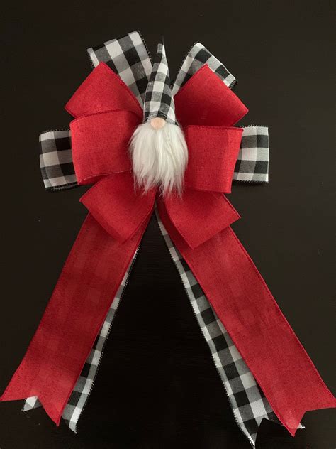 Buffalo Plaid Black And White Gnome Christmas Wreath Bow Etsy