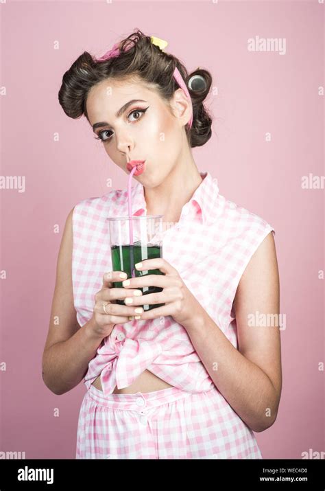 Pretty Girl In Vintage Style Retro Woman Drink Summer Cocktail Pin Up