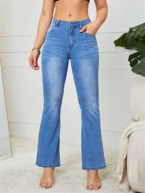 SHEIN Essnce Button Detail Flare Leg Jeans SHEIN USA