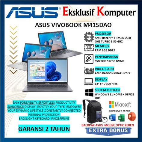 Jual Laptop Asus Vivobook M415dao Fhd351 Amd Ryzen 3 3250u Ram 8gb Ssd