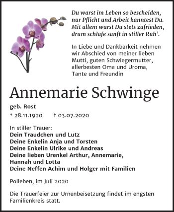 Traueranzeigen Von Annemarie Schwinge Abschied Nehmen De