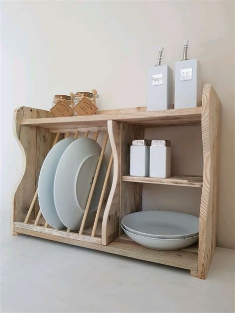 Wooden Plate Rack With Shelf Natural Finish Freestanding Reclaimed