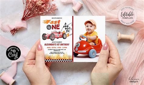 Editable Fast One Race Car 1st Birthday Invitation Photo Red Racing