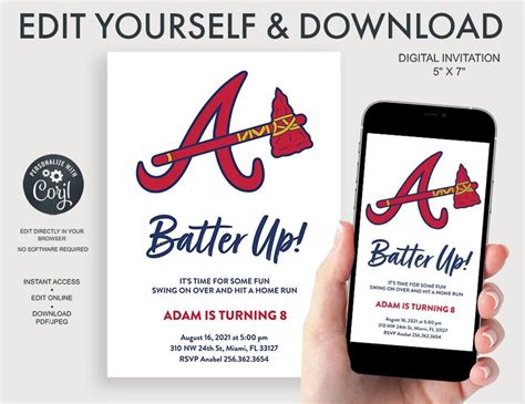 Atlanta Braves Digital Birthday Invitation Etsy