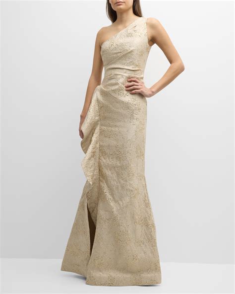 Rickie Freeman For Teri Jon One Shoulder Jacquard Side Ruffle Gown