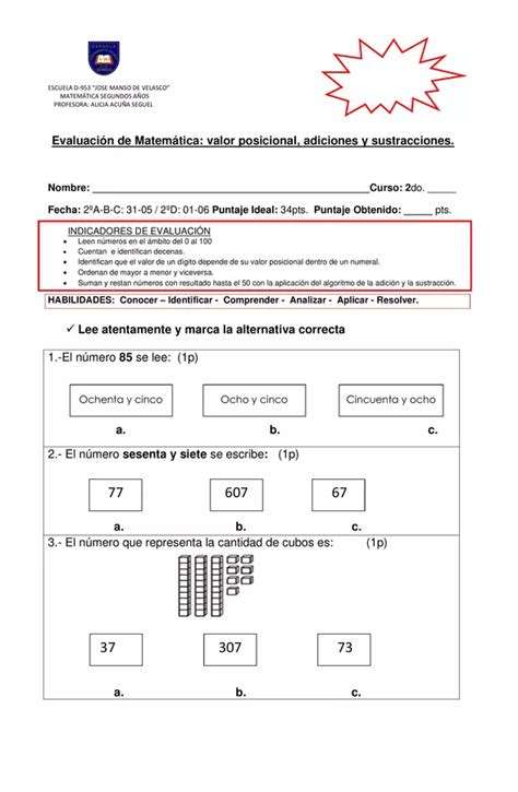 Evaluaci N De Matem Tica N Meros Hasta El Profe Social