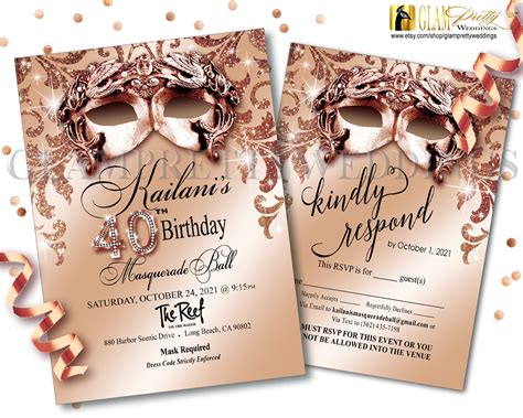 Rose Gold Masquerade Wedding Invitationrsvp Card Glam Glitz Etsy