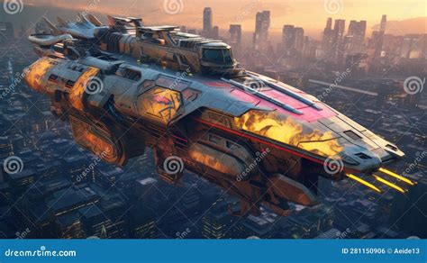 Futuristic Flying Car. Spaceship Hovering Over a City Urban Landscape ...