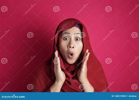 Cute Muslim Lady Shows Shocked Surprised Face With Open Mouth Stock