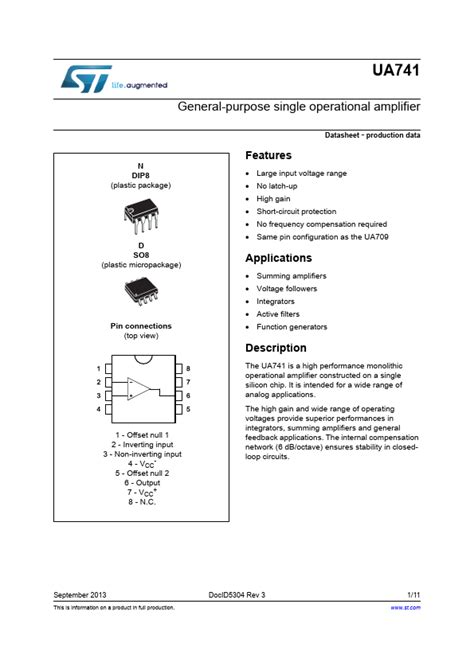 Ua In Datasheet Pdf General Purpose Single Operational Amplifier