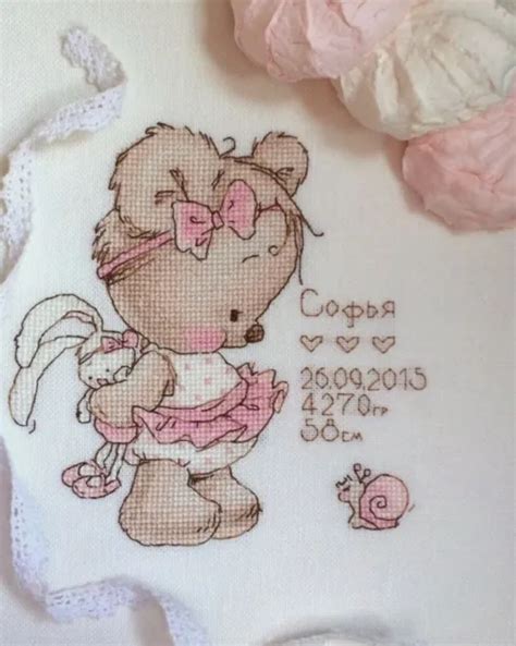 Schema Punto Croce Orsetto Bimba Rosa Tutu Coniglietto Fiocco Nascita