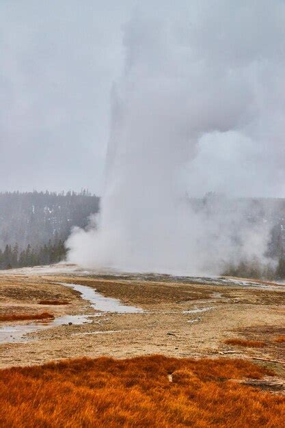 Premium Photo | Old faithful iconic yellowstone geyser in winter