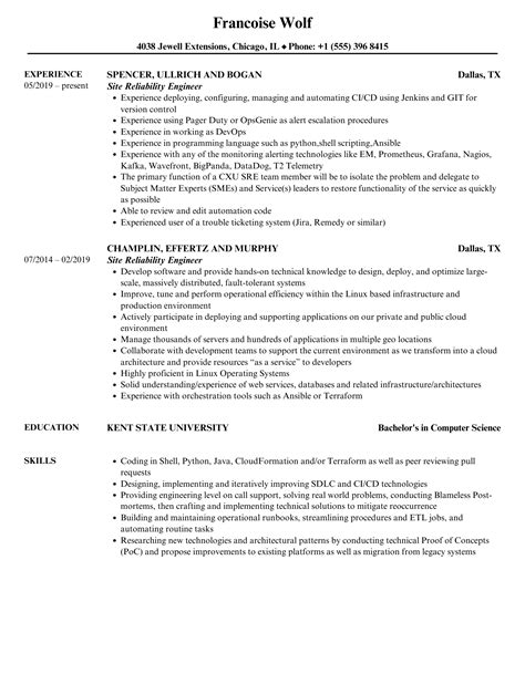 Site Reliability Engineer Resume Samples Velvet Jobs