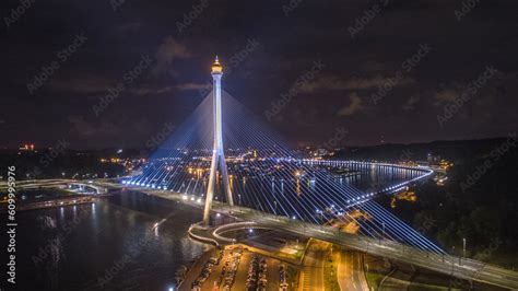 Aerial View Of Sungai Kebun Bridge With The Water Village At Bandar