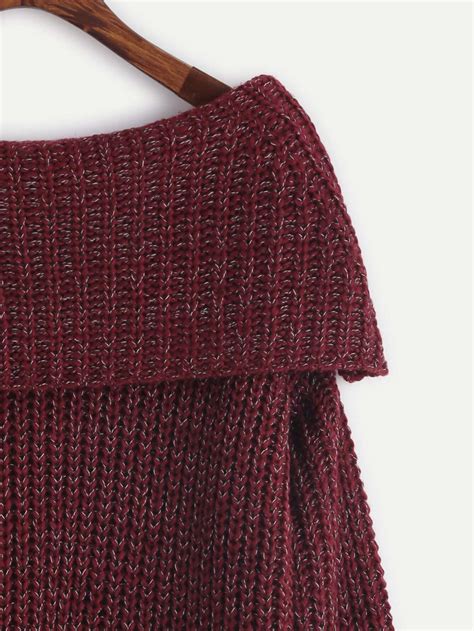 Burgundy Marled Knit Foldover Off The Shoulder Slit Sweater Shein