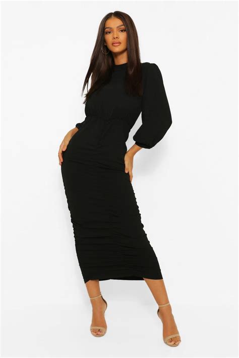 Womens High Neck Ruched Detail Midi Dress Boohoo Uk