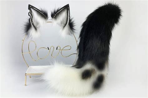 Black white fox ear and tail set faux fur ear wolf tail and ear set ...