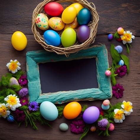 Premium AI Image Wicker Basket With Colorful Easter Eggs On A Wooden