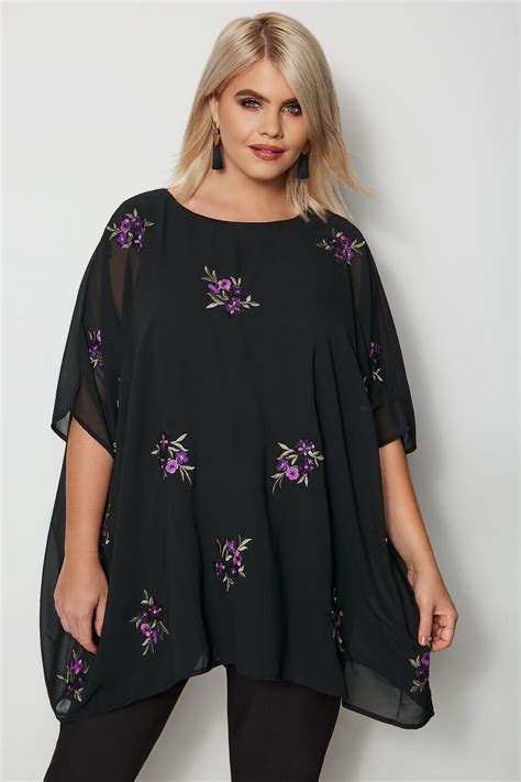 YOURS LONDON Black Purple Floral Embroidered Cape Top Plus Size 16 To 36