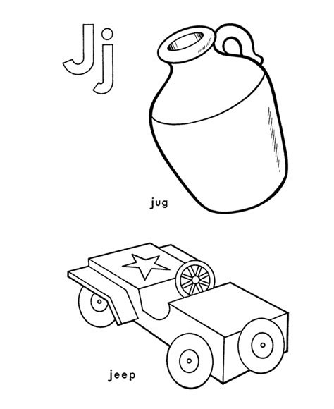 ABC Alphabet Coloring Sheets - Jj is for Jug / Jeep | HonkingDonkey