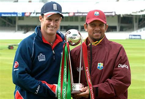 Andrew Strauss And Ramnaresh Sarwan Pose With The Series Trophy Ahead