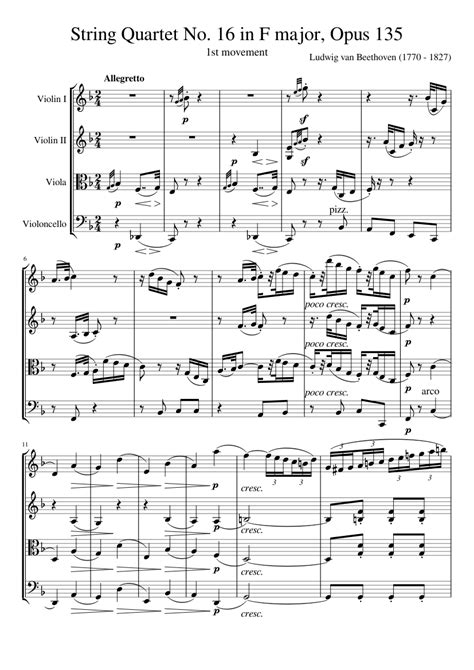 String Quartet No 16 In F Major Opus 135 Sheet Music For Violin Viola Cello String Quartet