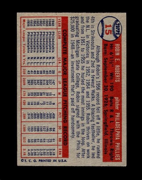 1957 Topps Set Break 15 Robin Roberts EX EXMINT GMCARDS EBay