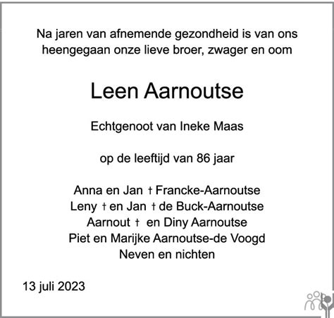 Leendert Leen Aarnoutse Overlijdensbericht En Condoleances