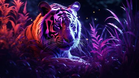 Neon Tiger In Vibrant Purple Grass Darkcore Minimalist Art Stock