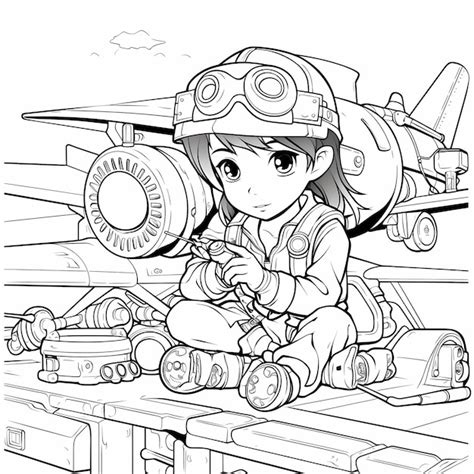 Disegni Da Colorare Di Anime Girl Mechanic E Airplane Con Contorni A