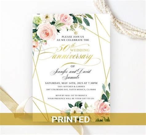 50th Anniversary Invitation With Greenery Wreath Golden Etsy 50th