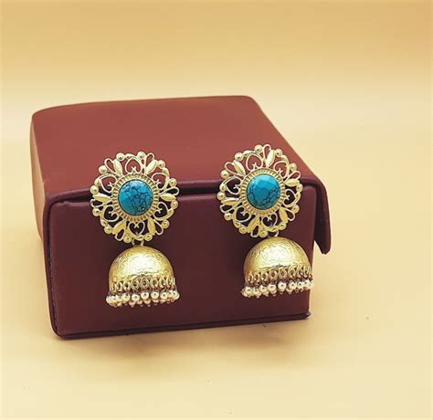 Turquoise Stone Kundan Matt Gold Brass Jhumki Stud Earrings Jhumka