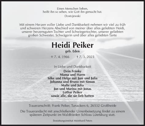 Traueranzeigen Von Heidi Peiker Ok Trauer De