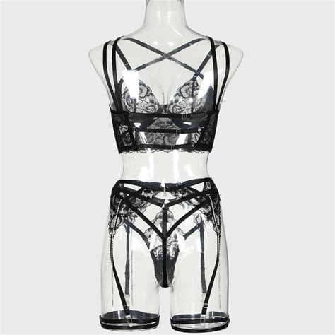 Erotic Fancy Lingerie Lace Embroidery Underwear Set Transparent Bra Kit