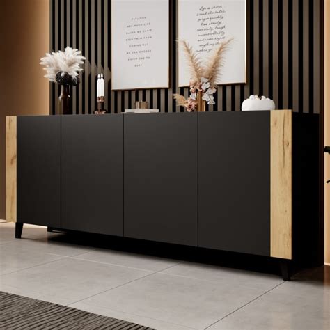 Buffet Design Noir Mat Ch Ne Naturel Portes Tag Res Cm