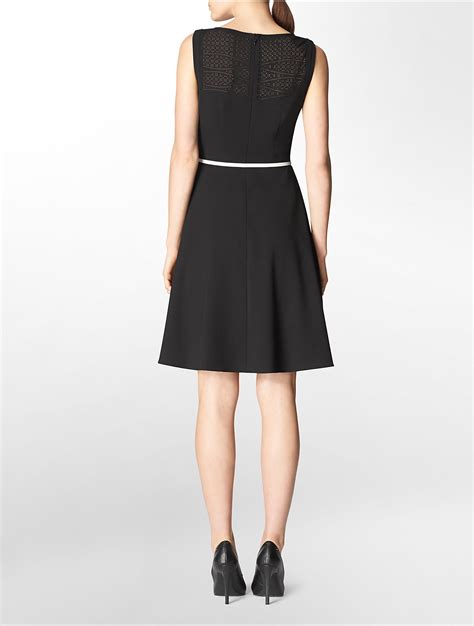 Calvin Klein Eyelet Detail Belted Fit Flare Sleeveless Dress In Black