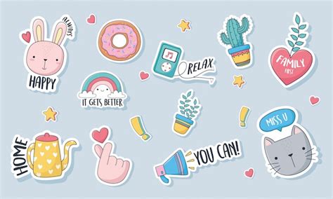 Premium Vector | Cute stuff for cards stickers or patches decoration cartoon set icons