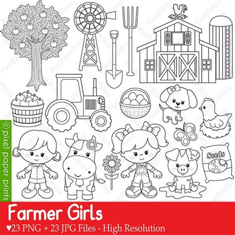 Farmer Girls Digital Stamps Clipart Graphics For Coloring Digital Download Printable