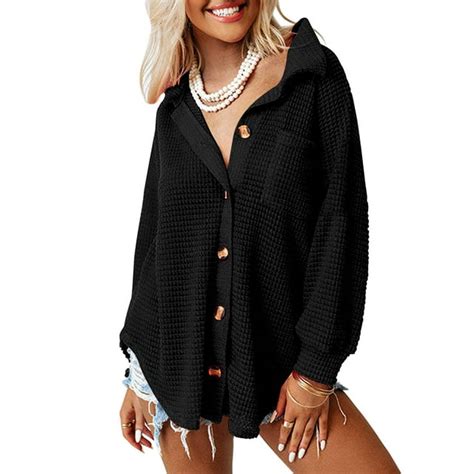 Womens Oversized Waffle Knit Shacket Jacket Casual Button Down Long