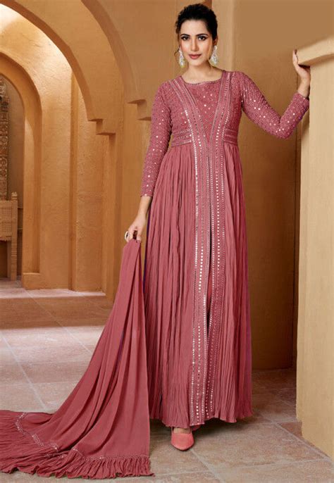 Buy Embroidered Georgette Front Slit Abaya Style Suit In Pink Online