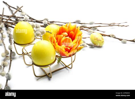 Holder With Painted Easter Eggs Tulip Flower And Pussy Willow Branches