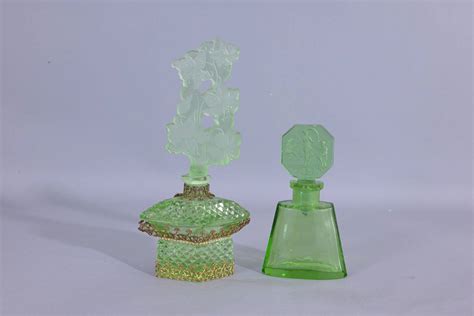 2 Green Czech Vaseline Glass Perfume Bottles Auction