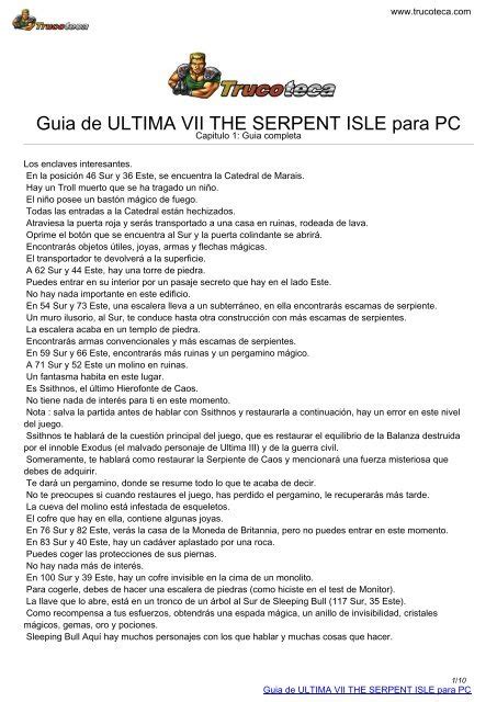 Guia De ULTIMA VII THE SERPENT ISLE Para PC Trucoteca