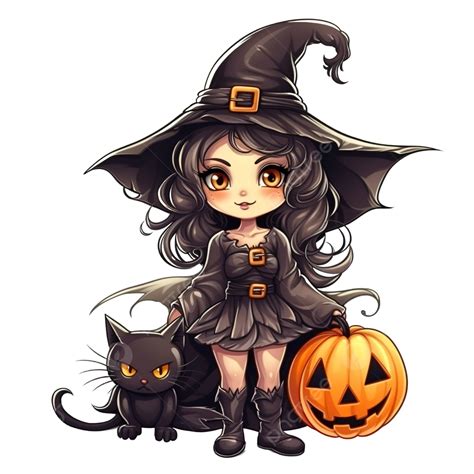 Bruja Con Gato En Halloween En Estilo Cómico Truco O Trato Png Dibujos