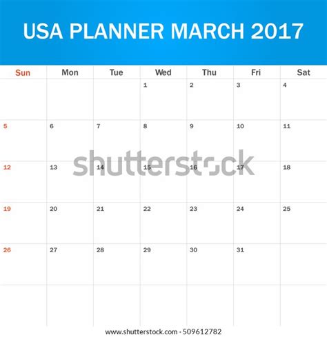 Usa Planner Blank March 2017 Scheduler Stock Vector Royalty Free