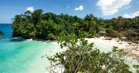 the beach is surrounded by trees and blue water